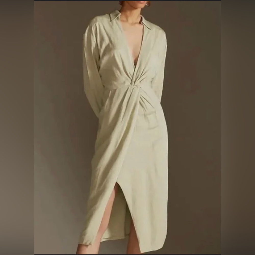 Anthropologie Graziella Twist-Waist‎ Long Sleeve Shirt Dress 0 Light Green Khaki